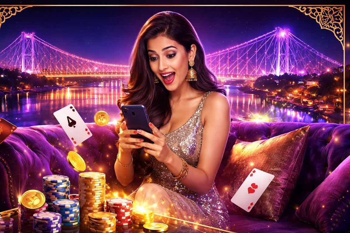 Young adults enjoying a vibrant Teen Patti poker game session in Kolkata with neon lights